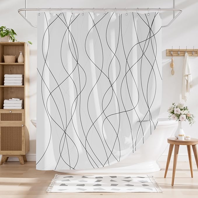 AmazerBath Shower Curtain, Rustic Abstract Black Striped Cloth Shower Curtain Sets with 12 Metal Shower Curtain Hooks, Luxury Washable Farmhouse Fabric Shower Curtains for Bathroom Decor, 72x72 Inches