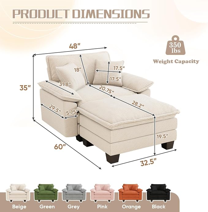 Chaise Lounge Chair Indoor, Oversized Accent Chairs with Ottoman, Luxury Corduroy Upholstered Deep Seat Sleeper Sofa Reading Chairs and A Half with Pillows for Living Room, Bedroom, Apartment,Beige