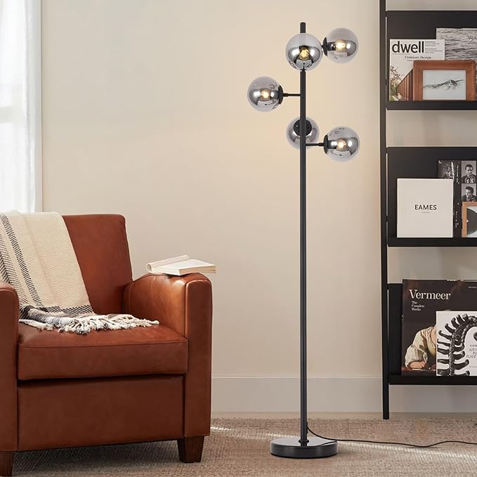 KCO Lighting Smoked Glass Floor Lamp Modern Globe Floor Lamp Farmhouse Black Standing Lamp Multi Head Floor Lamps for Living Room Bedrooms Office