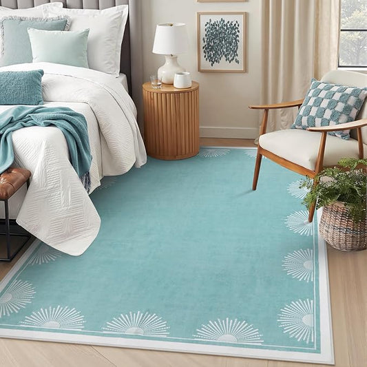 Hedlive Washable 5x7 Nursery Rug, Soft Low Pile Toddler Bedroom Area Rug, Aqua Sun Printed Carpets for Boys Girls Kids Baby Room Playroom Classroom Dorm Living(5'x7',Baby Blue)