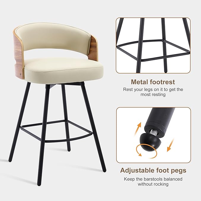 Swivel Bar Stools Set of 3, 26" Counter Height Bentwood Barstool, Upholstered Faux Leather Barstools with Walnut Back, Mid Century Modern Bar Chairs for Kitchen Island, Bar