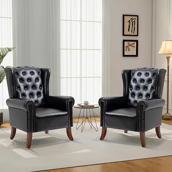 MOJAY Faux Leather Accent Chairs Set of 2, Mid-Century Modern Living Room Chairs Upholstered Club Arm Chair, Single Sofa Chair with Solid Wooden Legs for Bedroom Study Home Office Lounges (Black)