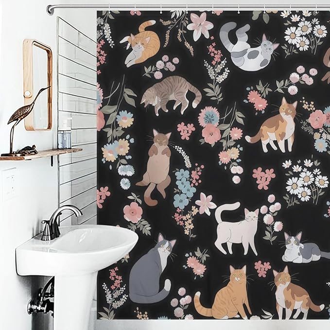 Cat Shower Curtain,Watercolor Black Floral Garden Funny Animals Bathroom Curtain Polyester Waterproof Fabric Decor 72x72in（183x183cm）