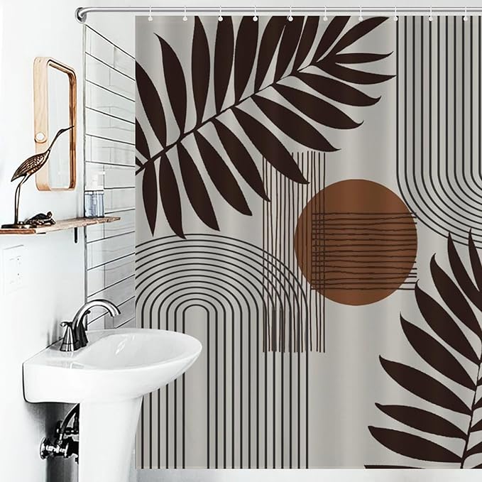 Mid Century Abstract Boho Shower Curtain Geometric Neutral Beige Modern Leaf Plant Semicircle Art Waterproof Shower Curtains for Bathroom Decor 12 Pack Hooks 66x72in（168x183cm）