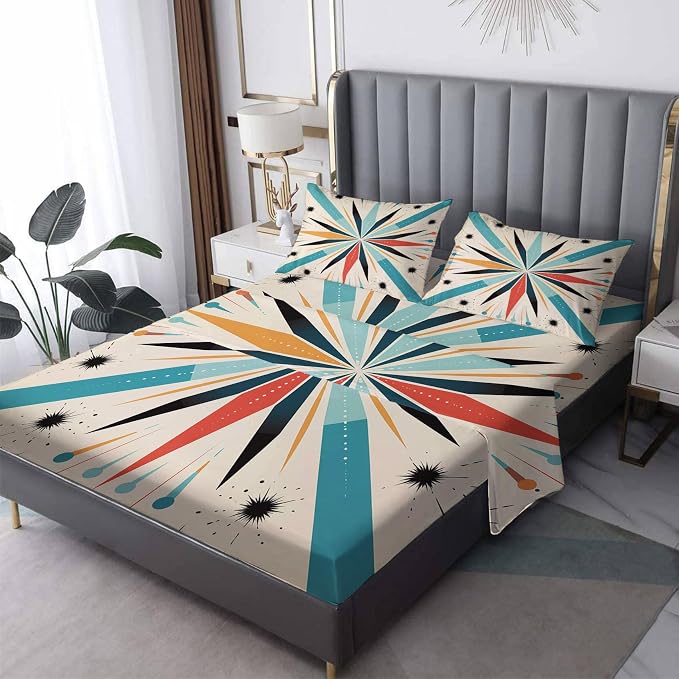 Starburst Bed Sheets King Size, Mid Century Modern Sheet Set, Soft Microfiber Deep Pocket Wrinkle Free Fitted Sheet & Flat Sheet & Pillowcase Sets, Retro Abstract Bedding Sheets - 4 Piece