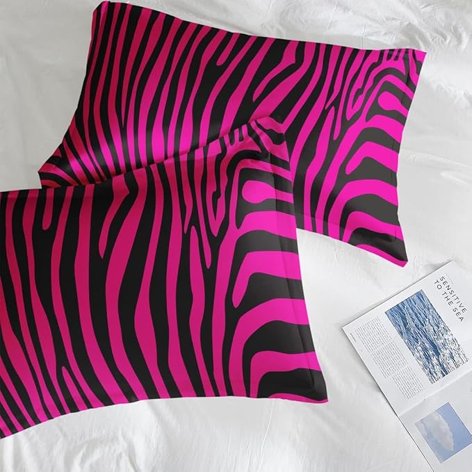 Comforter Set with 2 Pillowcases King Size, Hot Pink Zebra Print Line Abstract, Bed Decor African Wildlife Black Striped Animal Jungle for Kids and Adults, Soft Cozy Bedroom Bedding Set