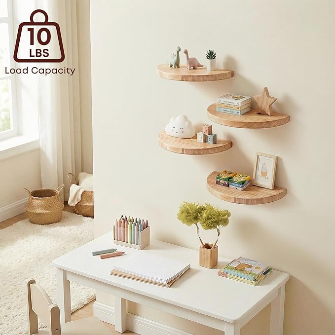 Small Wood Floating Shelves (4-Pack, 8-inch Diameter) - Round Sturdy Invisible Wall Mount Display for Small Plants,Toys,Bathroom,Living Room Storage & Modern Rustic Décor (Carbonized Brown)