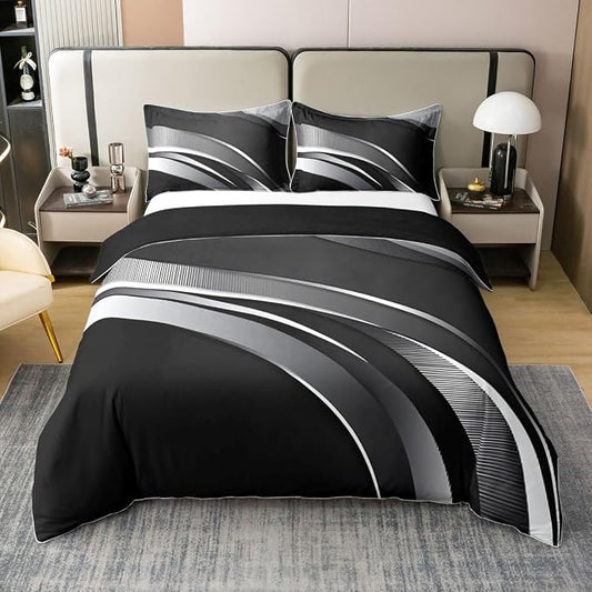 Erosebridal Gray Black Striped 100% Cotton Duvet Cover King Modern Abstract Bedding Set for Kids Teens Adults Geometric Lines Comforter Cover Aesthetic Boho Bed Set 3 Pcs