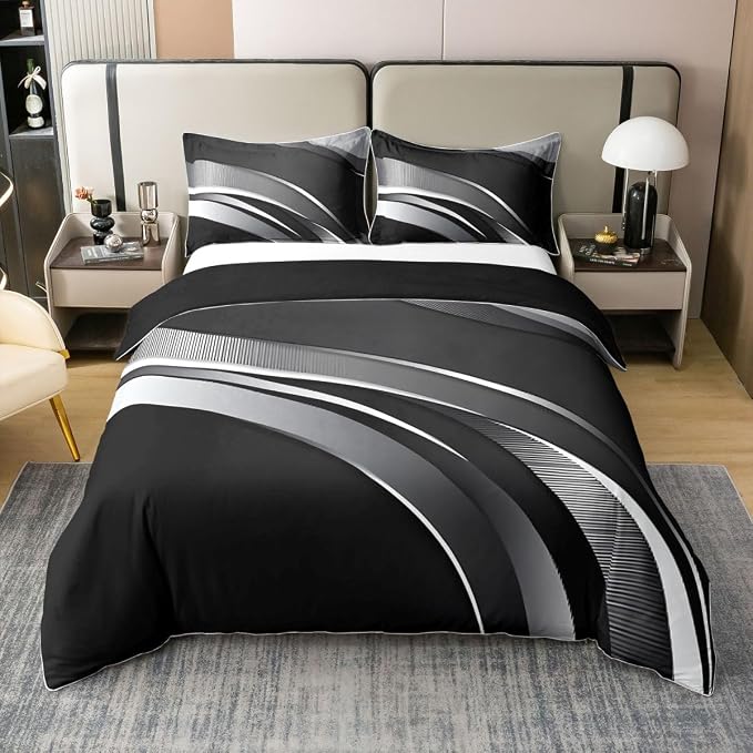 Erosebridal Gray Black Striped 100% Cotton Duvet Cover Full Modern Abstract Bedding Set for Kids Teens Adults Geometric Lines Comforter Cover Aesthetic Boho Bed Set 3 Pcs