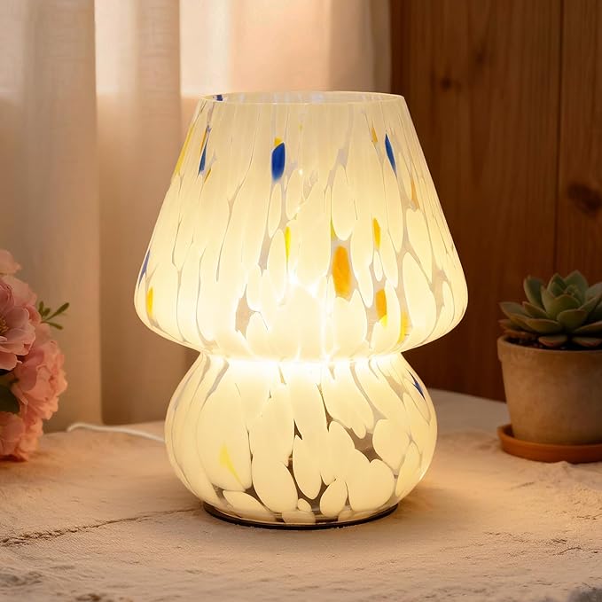 Cordless Mushroom Lamp-Modern Small Battery Operated Table Lamp with Timer for Home Decor,Aesthetic Glass Battery Powered Lamp for Bedroom/Kitchen/Living Room/Shelf Decor(White&Blue)