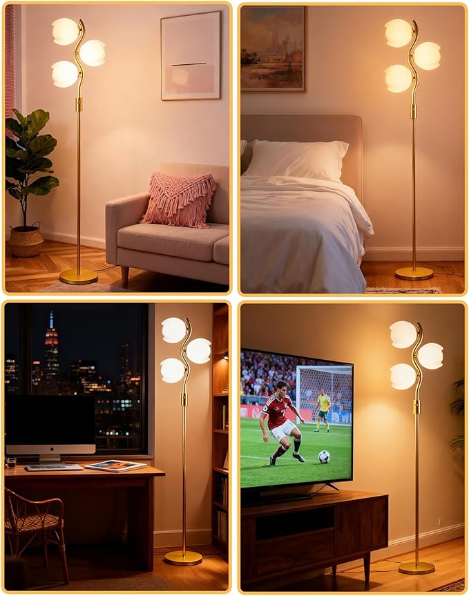 Lightdot 62IN Gold Floor Lamp Stepless Dimmable Bud-Shaped Floor Lamps with 3Pcs 3000K G9 Bulbs Included Eye-Friendly Mid Century Standing Lamps for Living Room/Bedroom/Sofa Beside/Corner Decor