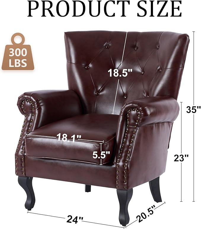 Modern Accent Chair Set of 2, Mid-Century PU Leather Armchair with Solid Wood Legs, Single Sofa Chair for Living Room, Bedroom, Leisure Room, or Reading Room(Reddish Brown)