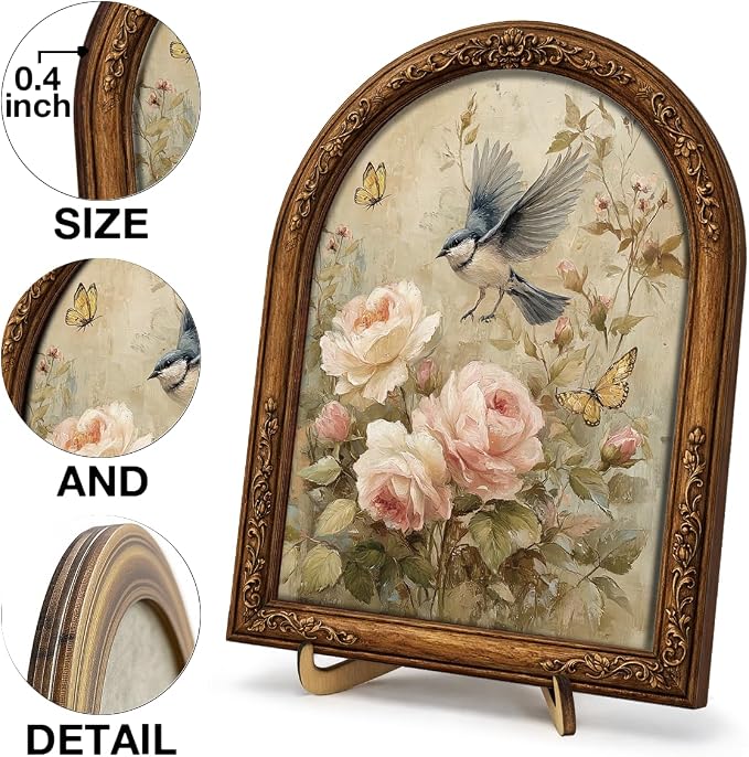 Vintage Floral Bird Oval Table Decor Sign Framed, Cottagecore Rose Floral Wall Art Sign, Retro Flower Bird Home Decor for Wall Bedroom Living Room Tabletop 8x10 Inch