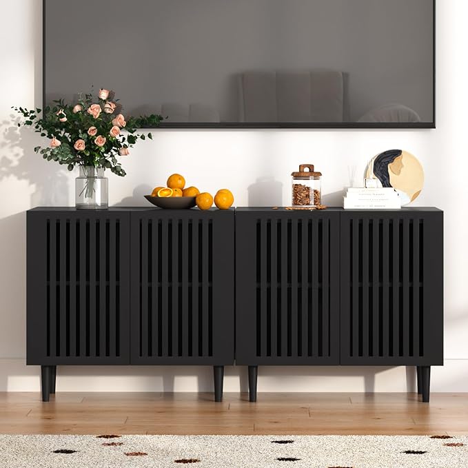 CHUWELL Farmhouse Storage Cabinet Set of 2, 63" Buffet Cabinet with 4 Doors and Adjustable Shelf, Sideboard Coffee Bar with Solid Wood Feet for Kitchen,Dining Room,Living Room,Black