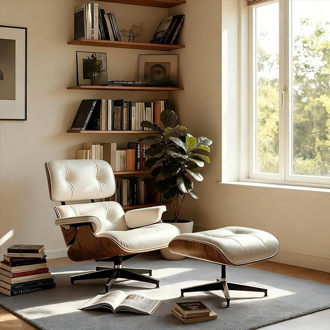 Mid Century Chaise Lounge Chair and Ottoman, Reading Chair, Leather Accent Chair, Modern Chair, Classic Design, Heavy Duty Base Support for Living Room Lounge Office (Walnut-White, Upgraded)