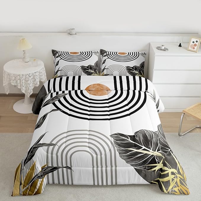 Erosebridal Modern Boho Comforter Grey White Aesthetic Twin Bedding Set Abstract Mid Century Bedding for Kids Teens Simple Tropical Palm Leaf Duvet Insert 2Pcs Room Decor