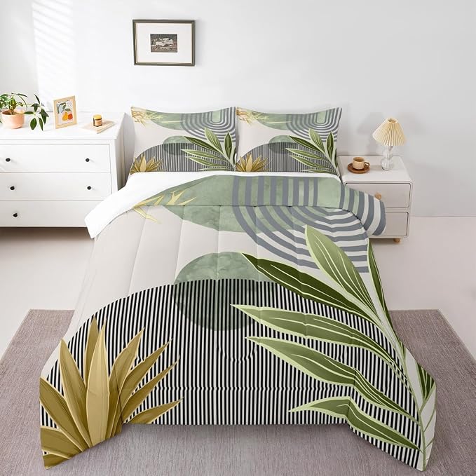 Erosebridal Mid Century Boho Bedding Set Toddler Size Modern Geometric Comforter Set,Minimalist Bedding Comforter Sets Abstract Retro Sun Aesthetic Arch Curve Leaves Quilt,Green Gold