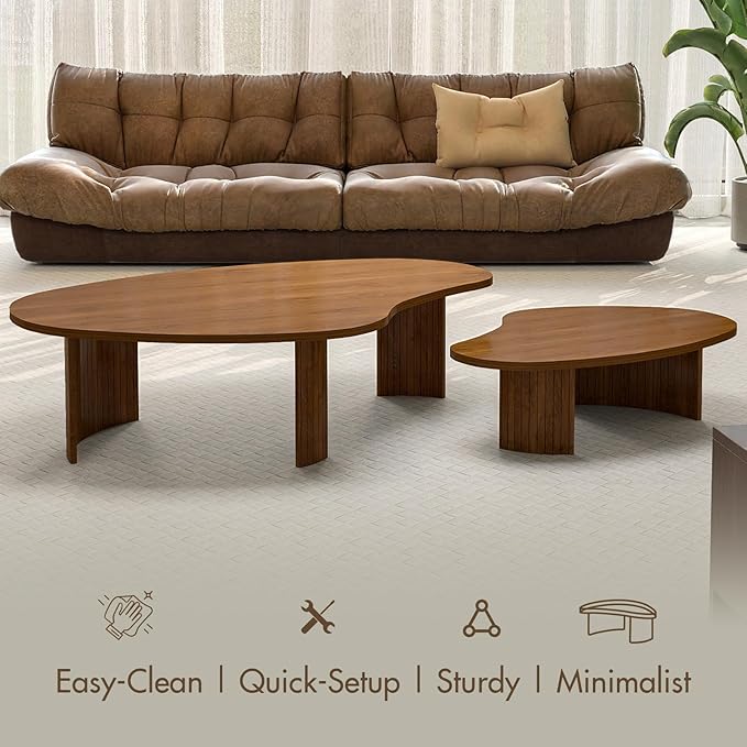 Walnut Nesting Coffee Tables Set of 2, Mid Century Modern Center Table with Fluted Wooden Legs and Oval Mango Shape for Living Room, Small Apartment