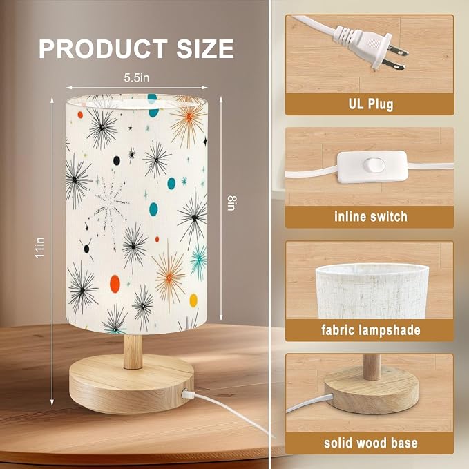 Bedside Table Lamp Seamless 50s Retro Pattern Atomic Starbust Mid Century Modern 16-Way Dimmable Small Desk Lamp with Round Flaxen Fabric Shade for Nightstand Bedroom Living Room Home Decor