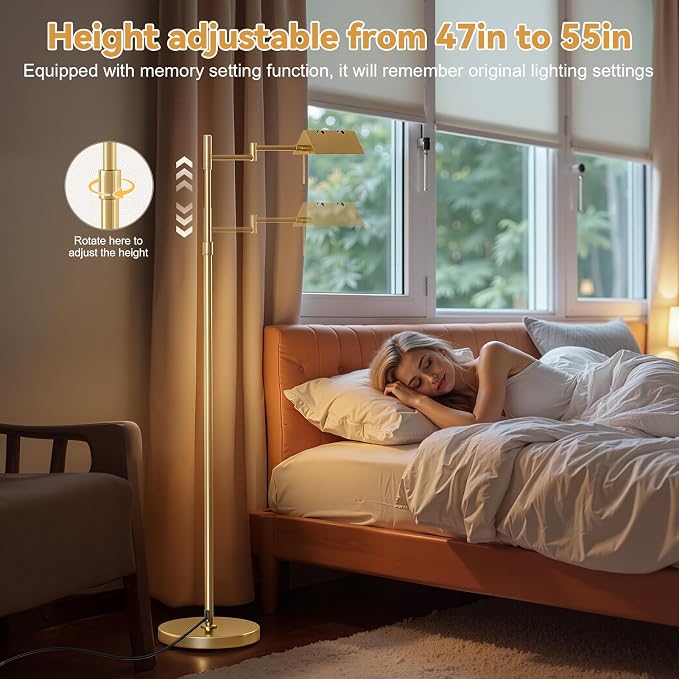 Pharmacy Floor Lamp - Full Range Dimming, Swing Arm Task Lamp, Adjustable Height 47” to 55”, 360° Rotatable Shade, All-Metal Design, Antique Brass