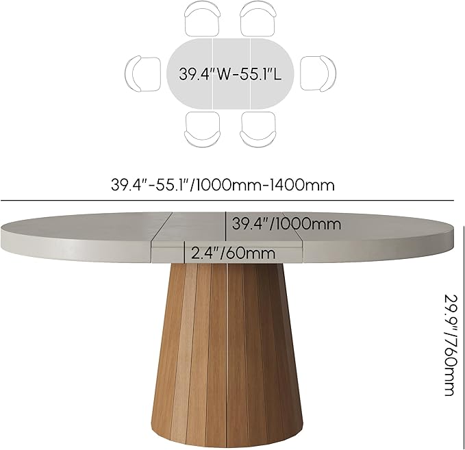 homary 39"-55" Round Extendable Dining Table Farmhouse Oval Kitchen Table Pedestal Dining Room Table for 6 Persons