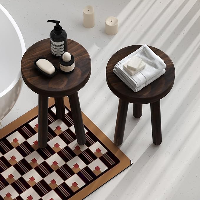 Wood Plant Stand Set of 2 (16+12" Tall) - Dark Walnut Round Solid Wood Plant Stand, Side Table, or Bathroom Stool - Heavy Duty Stool for Small Spaces