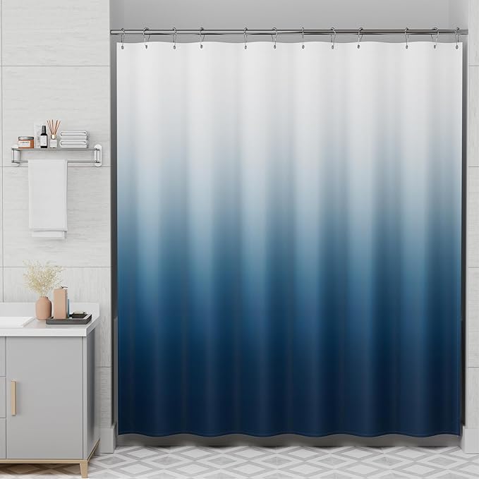 AmazerBath Shower Curtain, Cloth Ombre Blue Curtain Set with 12 Hooks, Washable Fabric Navy and White Curtain, Rustic Farmhouse Bathroom, 72x72 Inches