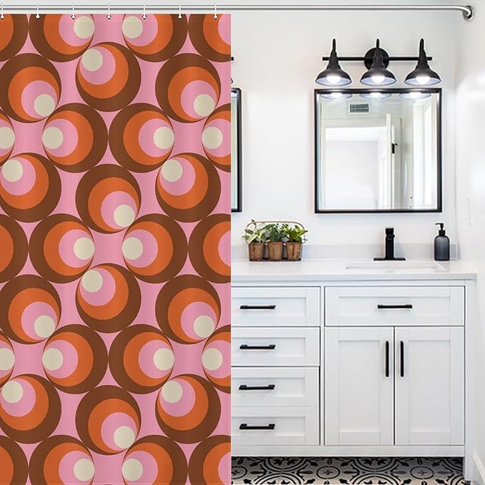 Mid Century Vintage Geometric Shower Curtains Modern Pink Rod Pocket Abstract Geometric Circular Shapes Washable Waterproof Fabric for Bathroom Decor Bathtub with 12 Hooks 55x72in（140x183cm）