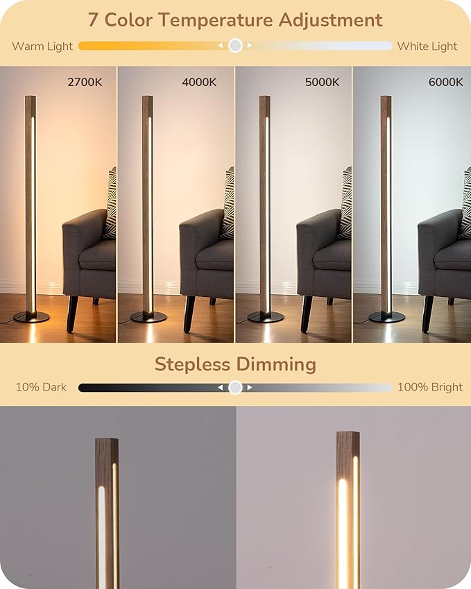 EDISHINE Corner Floor Lamp, Upgraded Dual-Sided Lighting, Wooden Floor Lamps for Living Room, Standing Lamp with Remote/Foot Control, 7CCT & Dimmable Floor Lamp for Bedroom, Office, Natural Wood