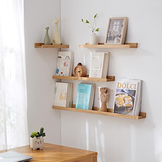 Floating Shelves Wall Mounted, 16 Inch Wall Shelves for Decor and Storage, Natural Solid Oak Wood Shelf, Picture Ledge for Bedroom/Bathroom/Living Room/Kitchen/Laundry Room, Natural Color