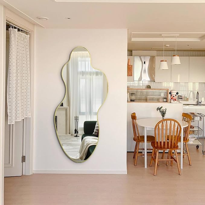 Irregular Wall Mirror, 60"x30" Gold Asymmetrical Mirrors Full Length, Large Abstract Mirrors with Metal Frame, Modern Unique Shaped Mirror for Living Room Bathroom Bedroom Hallway Entryway