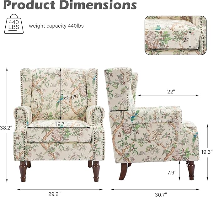 High Back Accent Chairs Set of 2, Fabric Upholstered Armchair Floral Wingback Chair for Living Room, Comfy Single Sofa Solid Wood Legs Bedroom Reading Seat - Pattern Bird