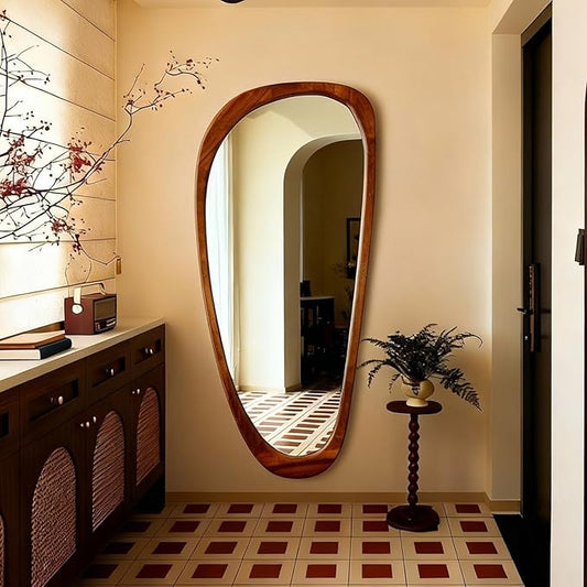 Asymmetrical Mirror, 48"x22" Irregular Mirror Full Length, Wood Wall Mirror for Bathroom Bedroom Living Room Entryway Hallway, Mid Century Modern Decor (Natural Wood)