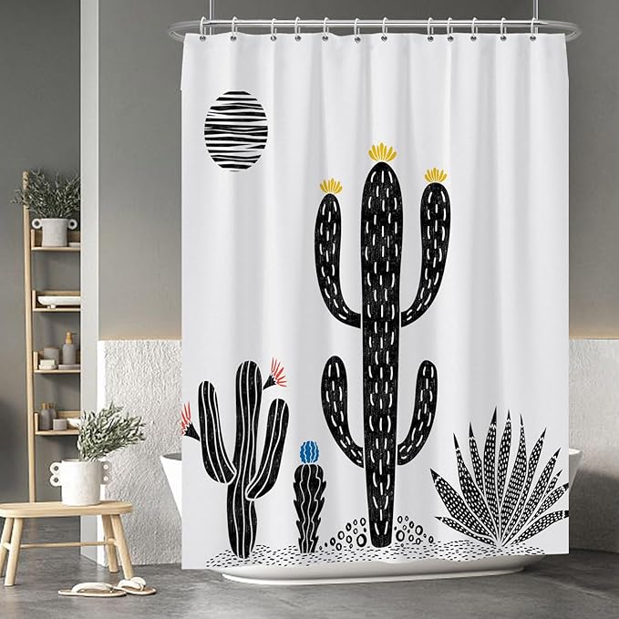Baocicoo Boho Cactus Shower Curtain Tropical Plants Minimalism Floral Abstract Moon Black and White Shower Curtains for Hotel Home Bathroom Polyester Waterproof Fabric with Hooks 72x96 Inches