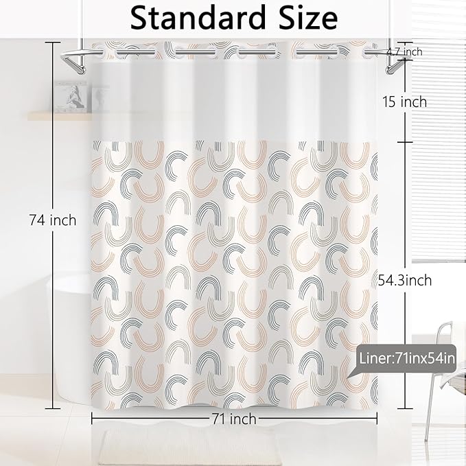 No Hook Shower Curtain with Snap in Fabric Liner Set - Modern Geometric Curve Design, Waterproof Double Layers with Beige & Blue Line for Bathroom Decor, See Through Top Window, 71x74 Inch