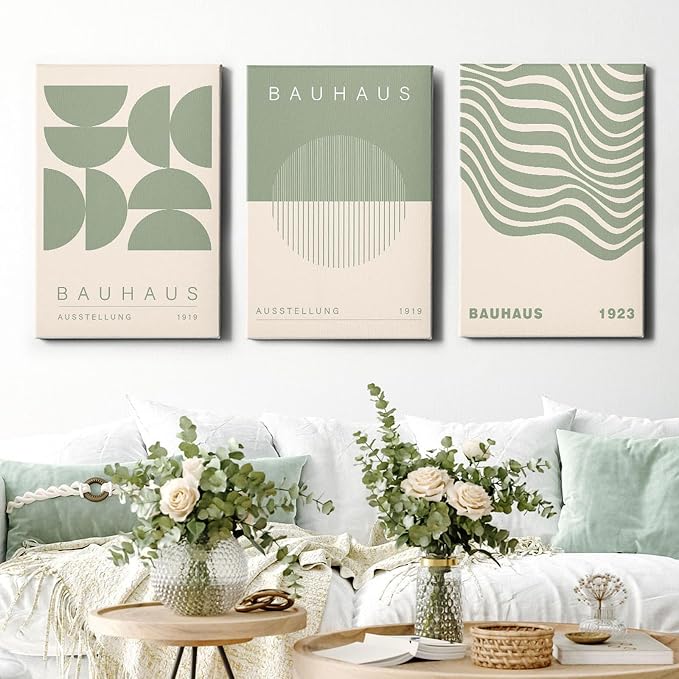 Geometric Line Wall Art Bauhaus 1923 Poster Sage Green Abstract Paintings Mid Century Modern Artwork Bauhaus Exhibition Poster Abstract Shape Prints Boho Modern Picture 16x24inch Wood Framed
