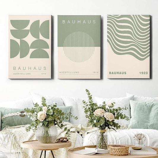 Geometric Line Wall Art Bauhaus 1923 Poster Sage Green Abstract Paintings Mid Century Modern Artwork Bauhaus Exhibition Poster Abstract Shape Prints Boho Modern Picture 16x24inch Wood Framed