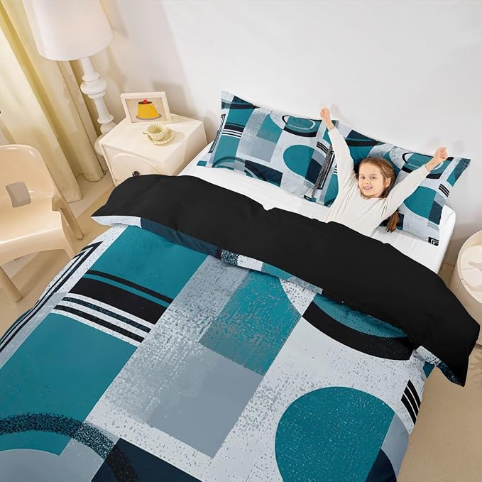Abstract Striped Circle Duvet Cover Set Queen Size,Minimalist Aesthetic Geometric Bedding Set,Boys Girls Room Decor,Graffiti Retro Squares Comforter Cover,Teal Quilt Cover,2 Pillowcases(No Filler)