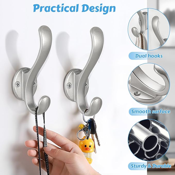 6 Pack Coat Hooks Wall Mount Heavy Duty Utility Retro Double Hooks for Hanging Coats,Hat, Towel, Key, Robe, Scarf, Bag, Cap (Silver)