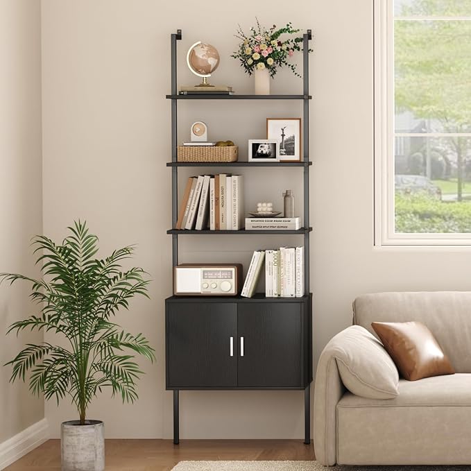 Yusong 73" Tall Bookshelf with Cabinet, Industrial Ladder Wall Mount Shelf Bookcase with Wood and Metal Frame, Plant Shelf Wall Storage Display for Living Room Bedroom, Black Wood Grain