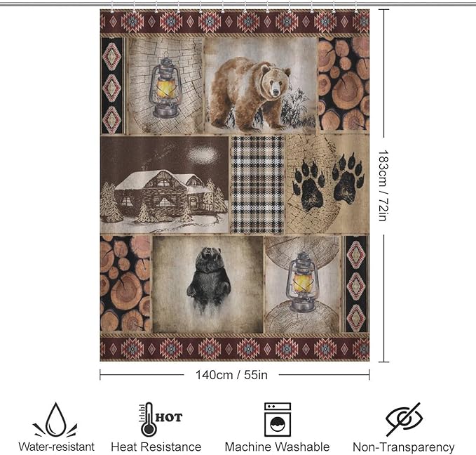 Rustic Cabin Vintage Bear Shower Curtain Boho Farmhouse Country Lodge Woodland Waterproof Shower Curtains for Bathroom Decor 12 Pack Hooks 55x72in（140x183cm）