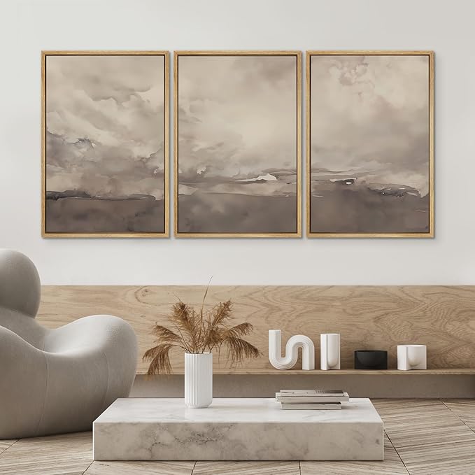 SIGNWIN Framed Canvas Print Wall Art Set Neutral Cloudy Sky Landscape Soft Beige and Taupe Illustrations Modern Art Decorative Relax/Zen Nordic for Living Room, Bedroom, Office - 16"x24"x3 Natural