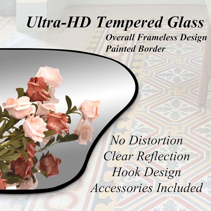 Irregular Frameless Mirror, 35.8"x17.7" Asymmetrical Tempered Glass Mirror, Modern Organic Shaped Wall Mirrors for Entryway Bedroom Living Room Bathroom, Horizontal or Vertical Hanging