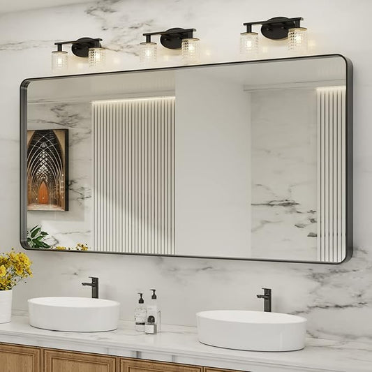 LOAAO Black Metal Framed Bathroom Mirror for Wall, Large 72X32 Inch Rounded Rectangle Mirror, Matte Black Bathroom Vanity Mirror Farmhouse, Anti-Rust, Tempered Glass, Hangs Horizontally or Vertically