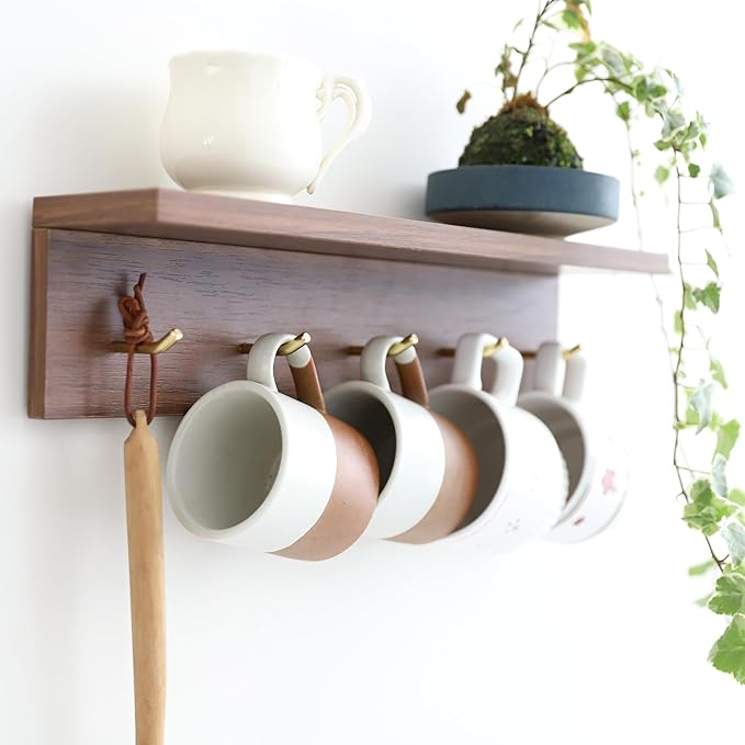 5-Hook Wall Mounted Coat Rack with Storage Shelf - Multi-Functional Key & Jacket Hanger for Entryway, Walnut Finish, Style D-1