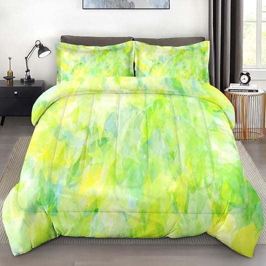 Comforter Set with 2 Pillowcases King Size, Modern Cool Lime Green Abstract, Bed Decor Cold Light Citrus Wave Space for Kids and Adults, Soft Cozy Bedroom Bedding Set