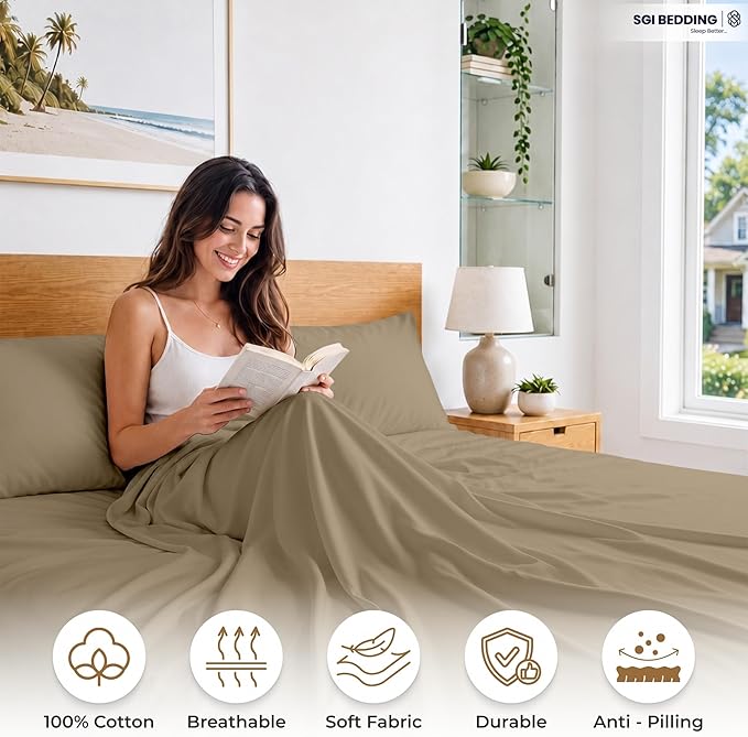 SGI bedding 100% Egyptian Cotton Sheets Full XL Size – 600 Thread Count Sheets Set, Soft, Cooling, 15" Deep Pocket, Luxury Hotel Bedding, Breathable, Durable - Taupe
