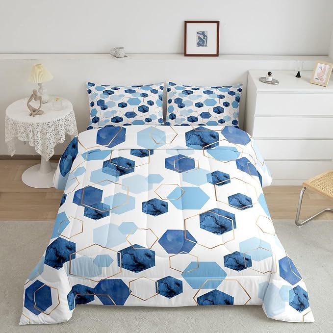 Erosebridal Geometric Hexagon Comforter Twin Navy Blue Bedding Set, Watercolor Honeycomb Down Comforter Abstract Tie Dye Bed Set, Luxury Gold Hexagon Quilted Duvet Microfiber