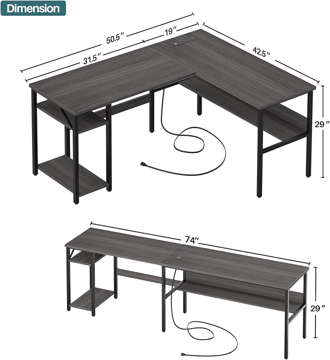 Unikito Reversible L Shaped Desk with Magic Power Outlets and USB Charging Ports, Sturdy Corner Computer Desk with Storage Shelves, Gaming Table Home Office Desk, Easy to Assemble, Enoch Walnut