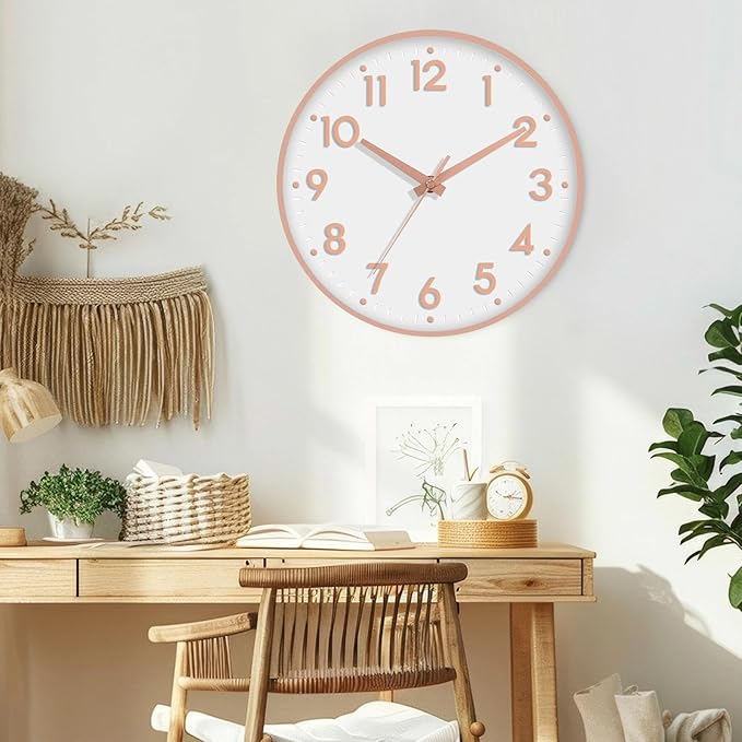 Mosewa Wall Clock 12 Inch, Battery Operated Silent Non-Ticking Modern Analog Clock Decorative for Kitchen, Bedroom, Office, Living Room(Rose Gold)